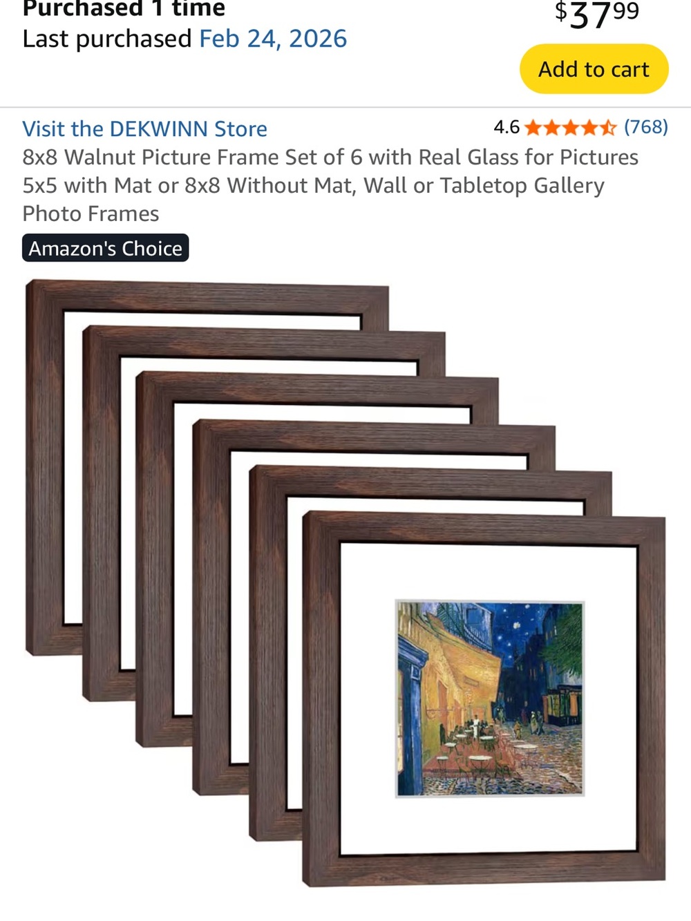 Set of 6 8x8 walnut frames with glass